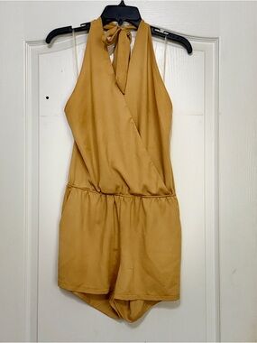 fab'rik Satiny, Gold/Mustard V-Neck Halter Romper